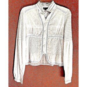 BCBG White Lace Crop Button Down Blouse Top Women Size 4 High Neck Long Slvs VTG